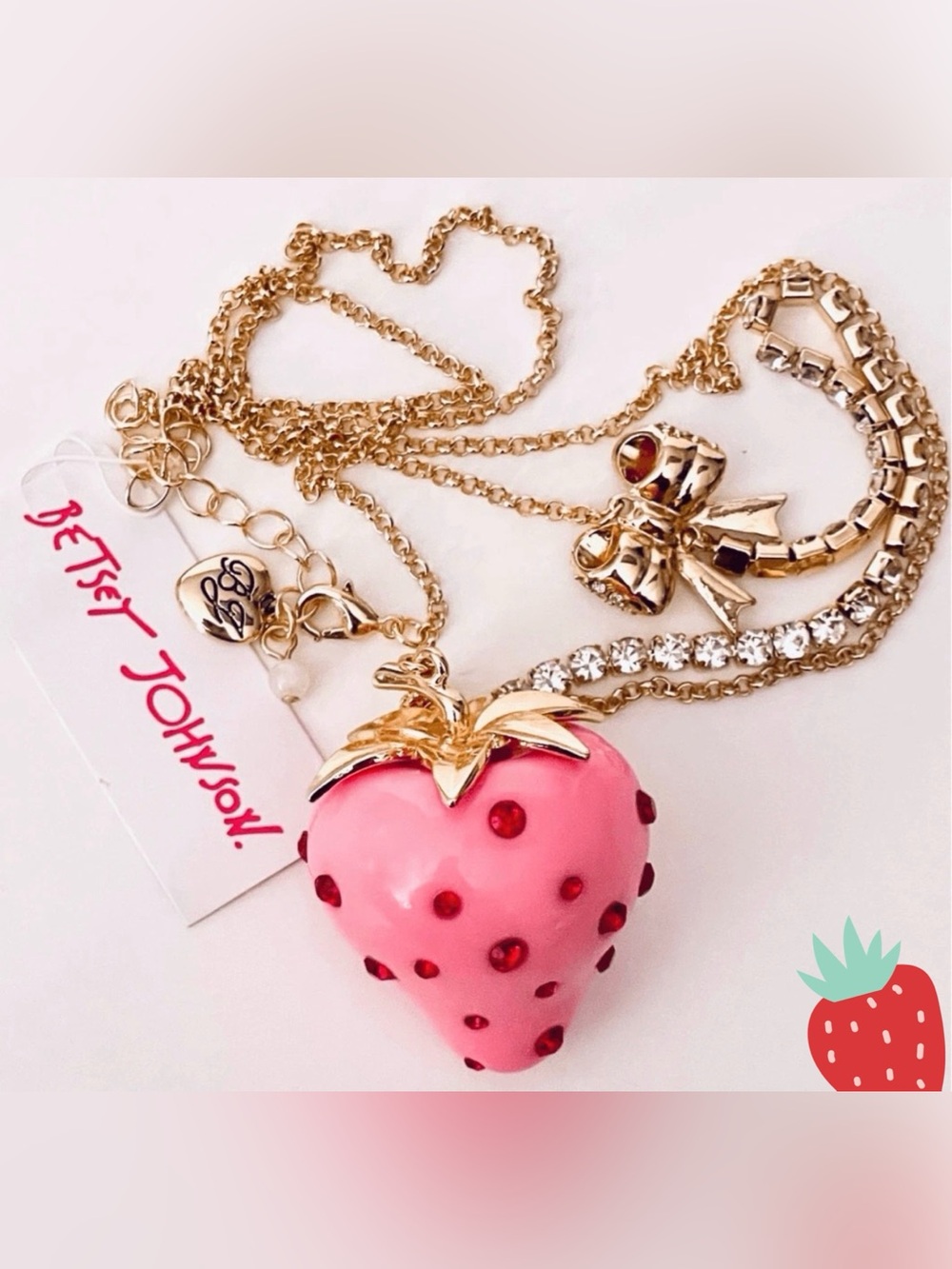 Betsey Johnson Pink Strawberry Bow Rhinestones long necklace